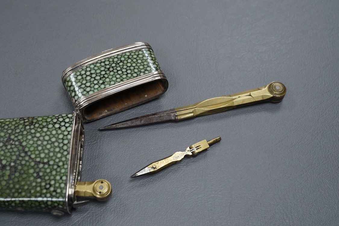 An early 19th century shagreen cased draughtsman’s set, containing three of the original instruments, together with an outside brass pair case for an early to mid 18th century pocket watch